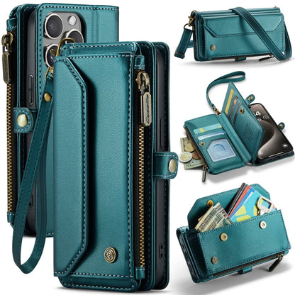 For iPhone 15 Pro Max CaseMe C36 Card Slots Zipper Wallet RFID Anti-theft Leather Phone Case(Blue-green)
