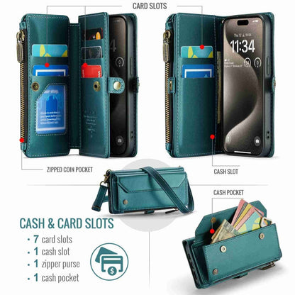 For iPhone 15 Pro Max CaseMe C36 Card Slots Zipper Wallet RFID Anti-theft Leather Phone Case(Blue-green)