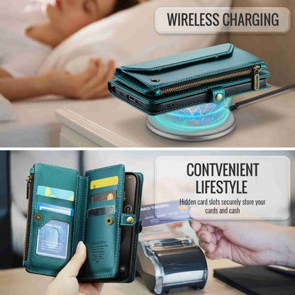 For iPhone 15 Pro Max CaseMe C36 Card Slots Zipper Wallet RFID Anti-theft Leather Phone Case(Blue-green)