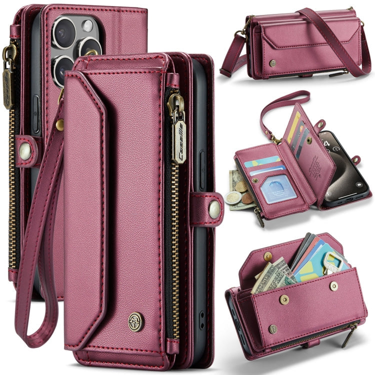 For iPhone 15 Pro Max CaseMe C36 Card Slots Zipper Wallet RFID Anti-theft Leather Phone Case(Wine Red)