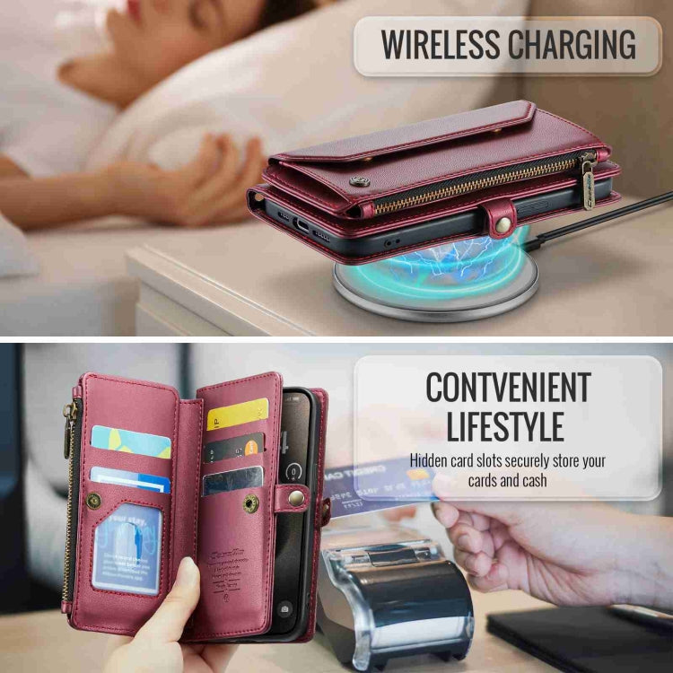 For iPhone 15 Pro Max CaseMe C36 Card Slots Zipper Wallet RFID Anti-theft Leather Phone Case(Wine Red)