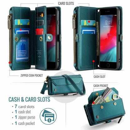 For iPhone SE 2022 / SE 2020 CaseMe C36 Card Slots Zipper Wallet RFID Anti-theft Leather Phone Case(Blue-green)