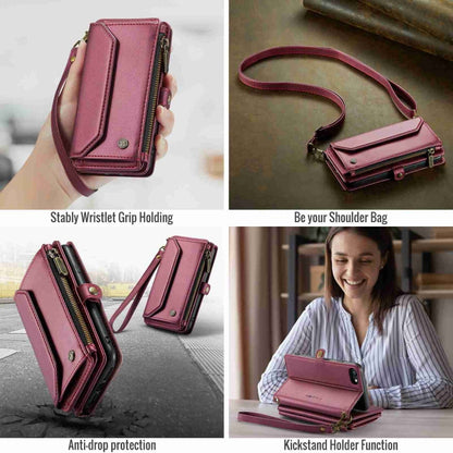 For iPhone SE 2022 / SE 2020 CaseMe C36 Card Slots Zipper Wallet RFID Anti-theft Leather Phone Case(Wine Red)