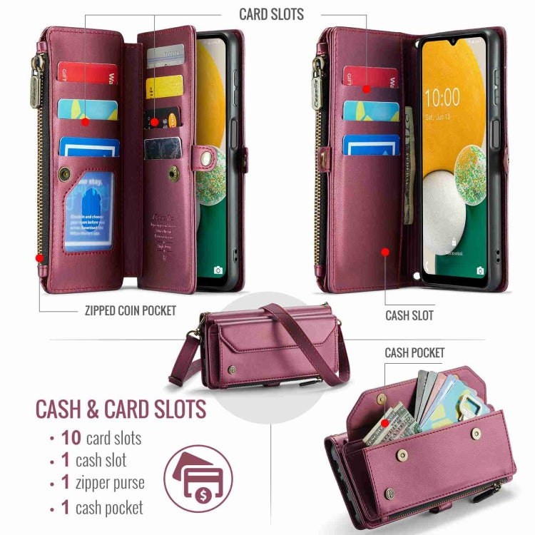 Pour Samsung Galaxy A13 5G / 4G Étui portefeuille à fermeture éclair CaseMe C36 avec fentes pour cartes et protection RFID en cuir (rouge bordeaux)