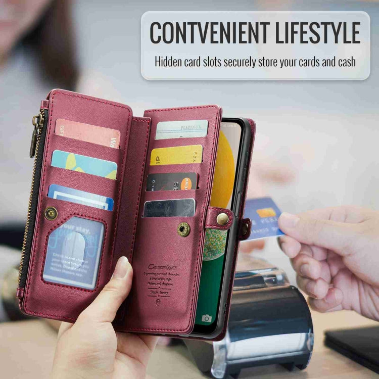 Pour Samsung Galaxy A13 5G / 4G Étui portefeuille à fermeture éclair CaseMe C36 avec fentes pour cartes et protection RFID en cuir (rouge bordeaux)