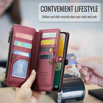 Pour Samsung Galaxy A13 5G / 4G Étui portefeuille à fermeture éclair CaseMe C36 avec fentes pour cartes et protection RFID en cuir (rouge bordeaux)