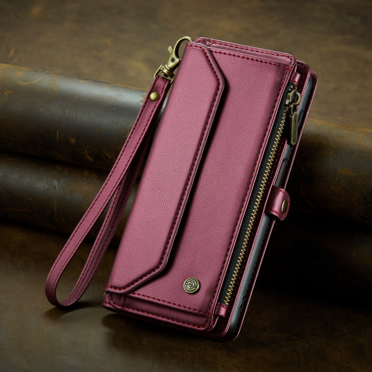 For Samsung Galaxy A22 5G CaseMe C36 Card Slots Zipper Wallet RFID Anti-theft Leather Phone Case(Wine Red)