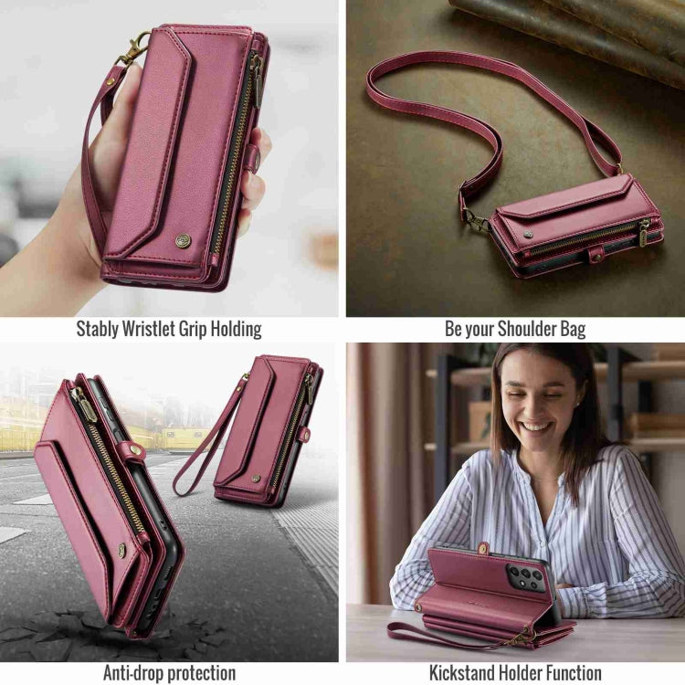 For Samsung Galaxy A23 CaseMe C36 Card Slots Zipper Wallet RFID Anti-theft Leather Phone Case(Wine Red)