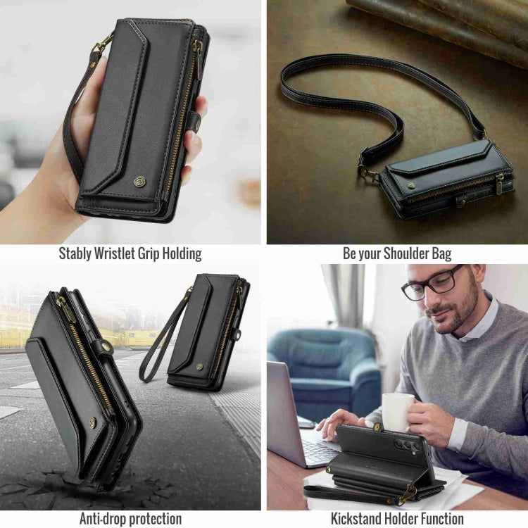 Pour Samsung Galaxy A24 Étui en Cuir avec Fermeture Éclair et Fentes pour Cartes Anti-vol RFID CaseMe C36 (Noir)