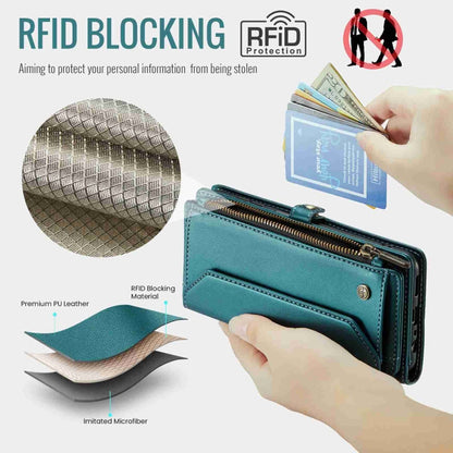 For Samsung Galaxy A25 CaseMe C36 Card Slots Zipper Wallet RFID Anti-theft Leather Phone Case(Blue-green)