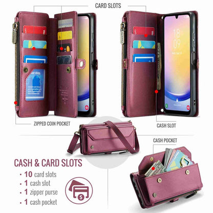 For Samsung Galaxy A25 CaseMe C36 Card Slots Zipper Wallet RFID Anti-theft Leather Phone Case(Wine Red)