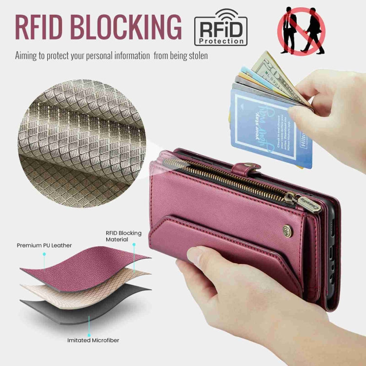 For Samsung Galaxy A25 CaseMe C36 Card Slots Zipper Wallet RFID Anti-theft Leather Phone Case(Wine Red)