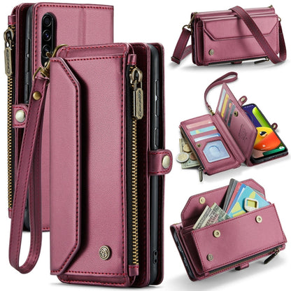 For Samsung Galaxy A30s / A50s / A50 CaseMe C36 Card Slots Zipper Wallet RFID Anti-theft Leather Phone Case(Wine Red)