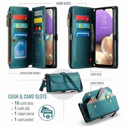 For Samsung Galaxy A32 5G CaseMe C36 Card Slots Zipper Wallet RFID Anti-theft Leather Phone Case(Blue-green)