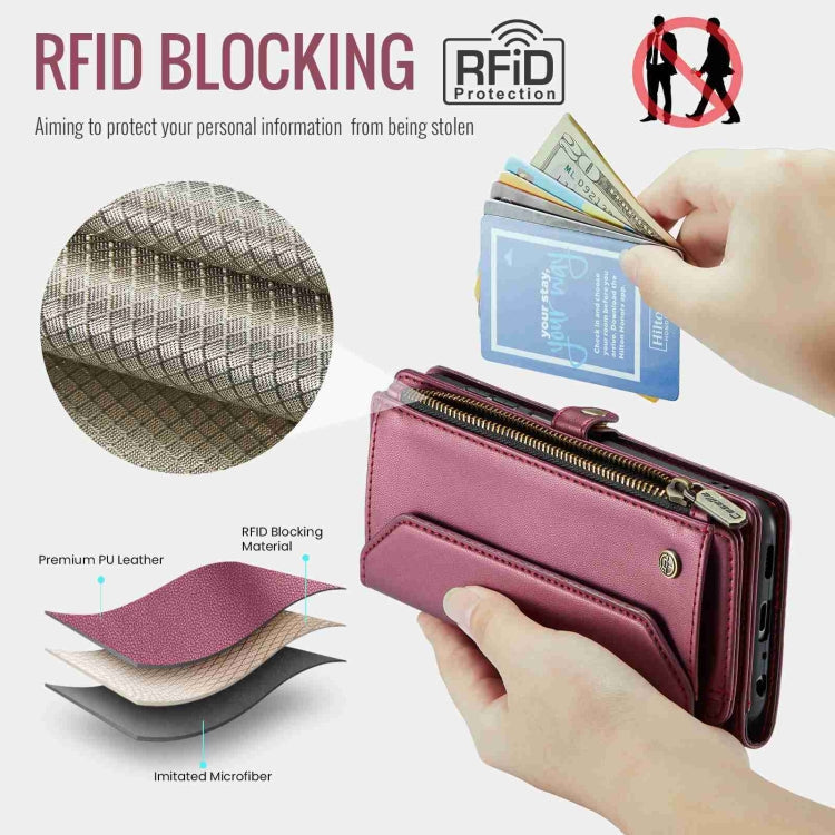 For Samsung Galaxy A32 5G CaseMe C36 Card Slots Zipper Wallet RFID Anti-theft Leather Phone Case(Wine Red)