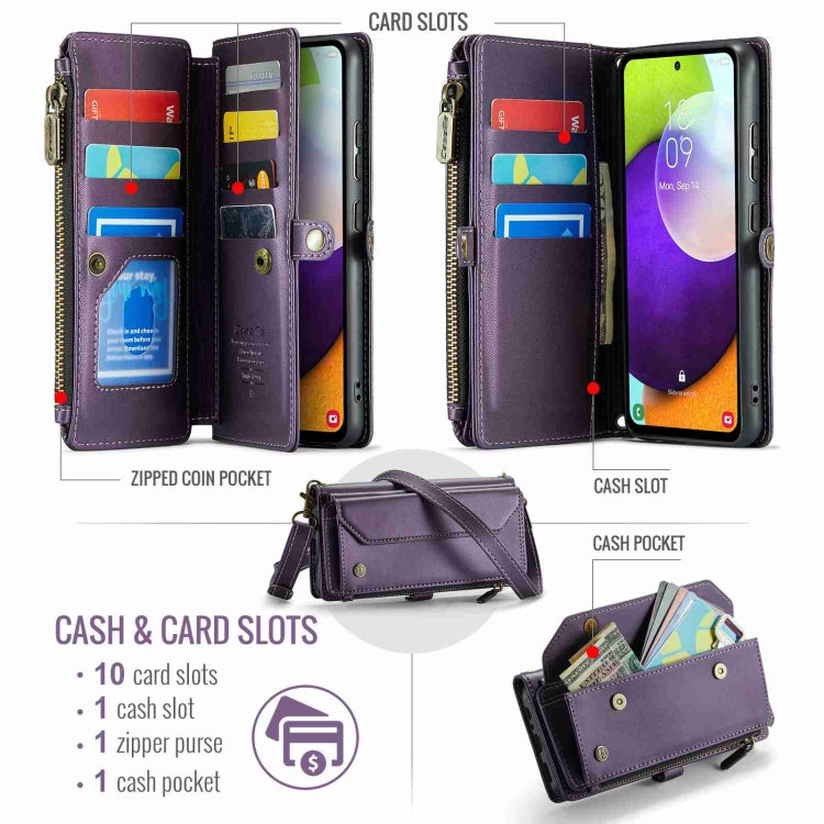For Samsung Galaxy A52 / A52s 5G CaseMe C36 Card Slots Zipper Wallet RFID Anti-theft Leather Phone Case(Purple)