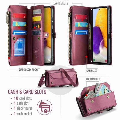 For Samsung Galaxy A72 CaseMe C36 Card Slots Zipper Wallet RFID Anti-theft Leather Phone Case(Wine Red)