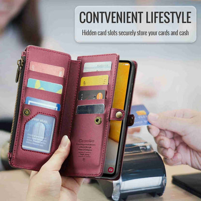 For Samsung Galaxy A72 CaseMe C36 Card Slots Zipper Wallet RFID Anti-theft Leather Phone Case(Wine Red)