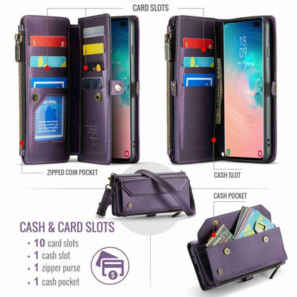 For Samsung Galaxy S10+ CaseMe C36 Card Slots Zipper Wallet RFID Anti-theft Leather Phone Case(Purple)