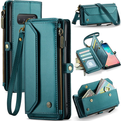 For Samsung Galaxy S10+ CaseMe C36 Card Slots Zipper Wallet RFID Anti-theft Leather Phone Case(Blue-green)