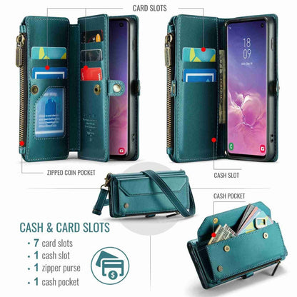 Pour Samsung Galaxy S10 Étui portefeuille en cuir CaseMe C36 avec emplacements pour cartes, fermeture éclair, anti-vol RFID (bleu-vert)