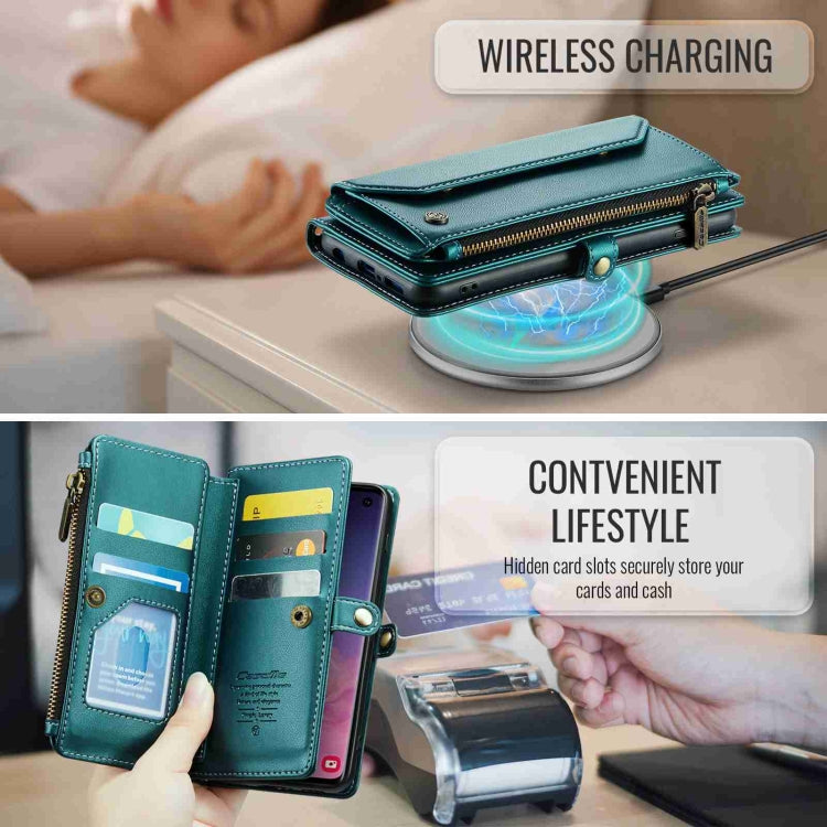 Pour Samsung Galaxy S10 Étui portefeuille en cuir CaseMe C36 avec emplacements pour cartes, fermeture éclair, anti-vol RFID (bleu-vert)