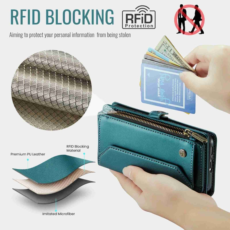 Pour Samsung Galaxy S10 Étui portefeuille en cuir CaseMe C36 avec emplacements pour cartes, fermeture éclair, anti-vol RFID (bleu-vert)