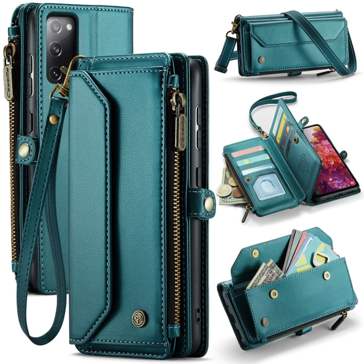 Pour Samsung Galaxy S20 FE Étui portefeuille à fermeture éclair CaseMe C36 avec emplacements pour cartes et protection RFID en cuir anti-vol (Bleu-vert)