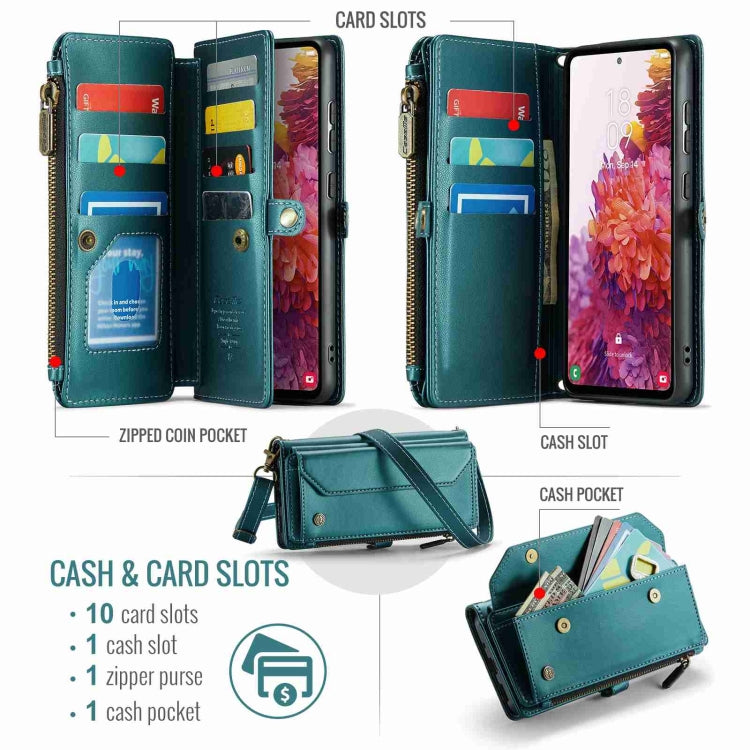 Pour Samsung Galaxy S20 FE Étui portefeuille à fermeture éclair CaseMe C36 avec emplacements pour cartes et protection RFID en cuir anti-vol (Bleu-vert)