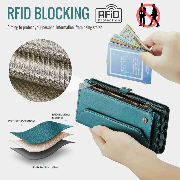 Pour Samsung Galaxy S20 FE Étui portefeuille à fermeture éclair CaseMe C36 avec emplacements pour cartes et protection RFID en cuir anti-vol (Bleu-vert)