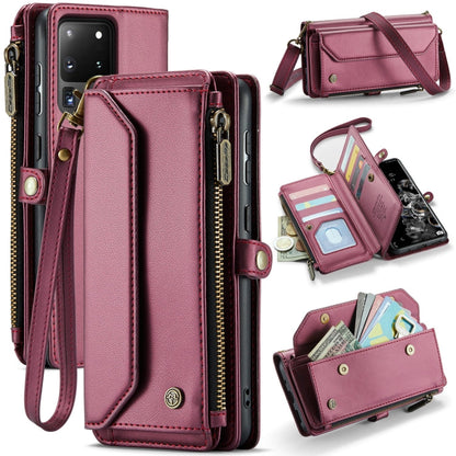 For Samsung Galaxy S20 Ultra CaseMe C36 Card Slots Zipper Wallet RFID Anti-theft Leather Phone Case(Wine Red)