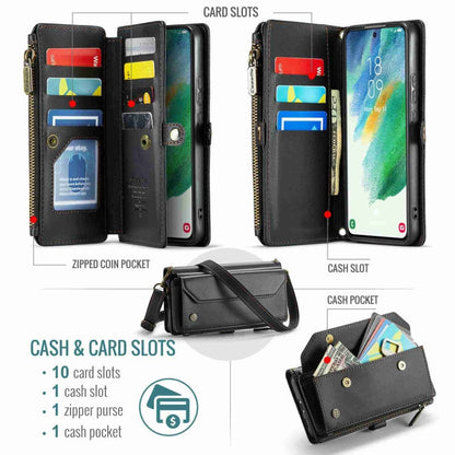 For Samsung Galaxy S21 FE 5G CaseMe C36 Card Slots Zipper Wallet RFID Anti-theft Leather Phone Case(Black)