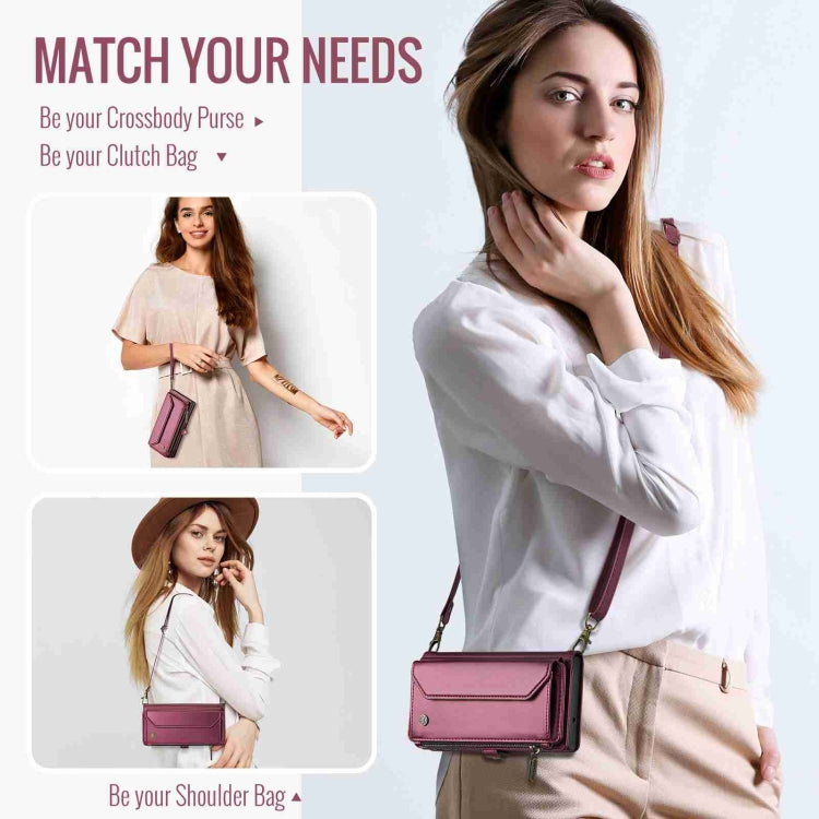 For Samsung Galaxy S21 FE 5G CaseMe C36 Card Slots Zipper Wallet RFID Anti-theft Leather Phone Case(Wine Red)