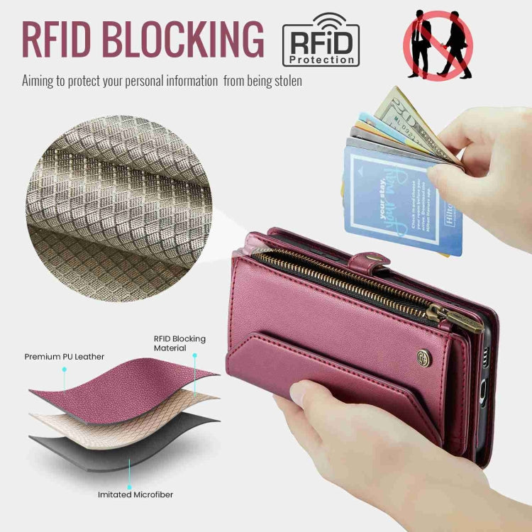 For Samsung Galaxy S21 FE 5G CaseMe C36 Card Slots Zipper Wallet RFID Anti-theft Leather Phone Case(Wine Red)