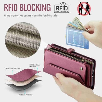 For Samsung Galaxy S21 FE 5G CaseMe C36 Card Slots Zipper Wallet RFID Anti-theft Leather Phone Case(Wine Red)