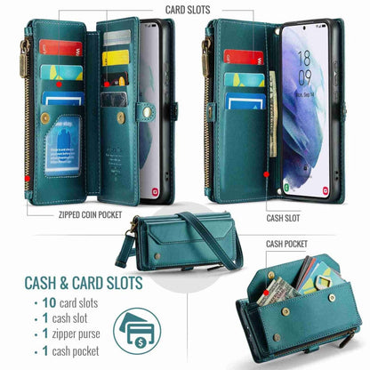 For Samsung Galaxy S21+ 5G CaseMe C36 Card Slots Zipper Wallet RFID Anti-theft Leather Phone Case(Blue-green)