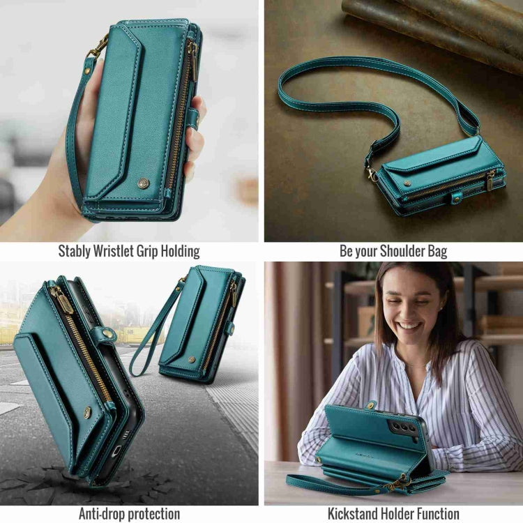 For Samsung Galaxy S21+ 5G CaseMe C36 Card Slots Zipper Wallet RFID Anti-theft Leather Phone Case(Blue-green)