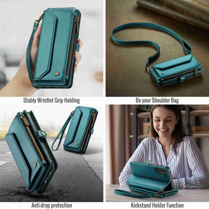 For Samsung Galaxy S21+ 5G CaseMe C36 Card Slots Zipper Wallet RFID Anti-theft Leather Phone Case(Blue-green)