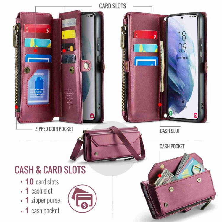 Pour Samsung Galaxy S21+ 5G Coque Téléphone en Cuir Anti-vol RFID avec Fermeture Éclair et Emplacements pour Cartes CaseMe C36 (Rouge Vin)