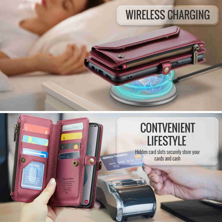 Pour Samsung Galaxy S21+ 5G Coque Téléphone en Cuir Anti-vol RFID avec Fermeture Éclair et Emplacements pour Cartes CaseMe C36 (Rouge Vin)