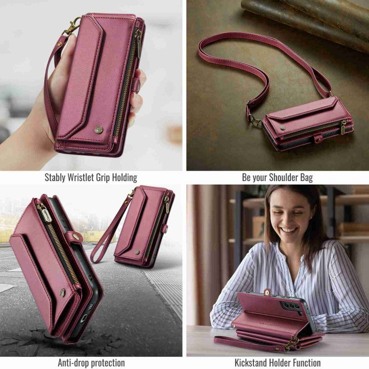 Pour Samsung Galaxy S21+ 5G Coque Téléphone en Cuir Anti-vol RFID avec Fermeture Éclair et Emplacements pour Cartes CaseMe C36 (Rouge Vin)