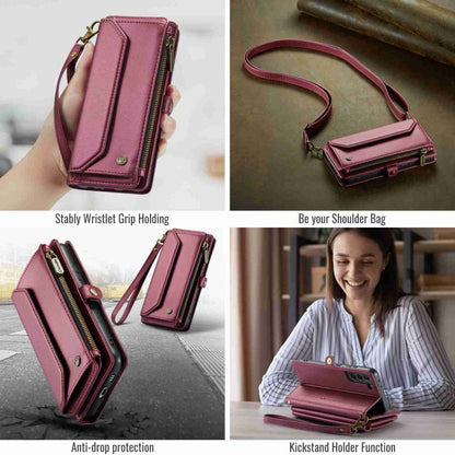 Pour Samsung Galaxy S21+ 5G Coque Téléphone en Cuir Anti-vol RFID avec Fermeture Éclair et Emplacements pour Cartes CaseMe C36 (Rouge Vin)