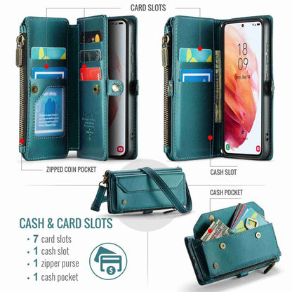 For Samsung Galaxy S21 5G CaseMe C36 Card Slots Zipper Wallet RFID Anti-theft Leather Phone Case(Blue-green)