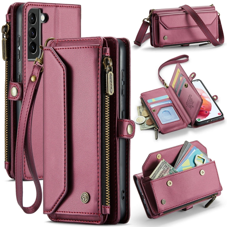 For Samsung Galaxy S21 5G CaseMe C36 Card Slots Zipper Wallet RFID Anti-theft Leather Phone Case(Wine Red)