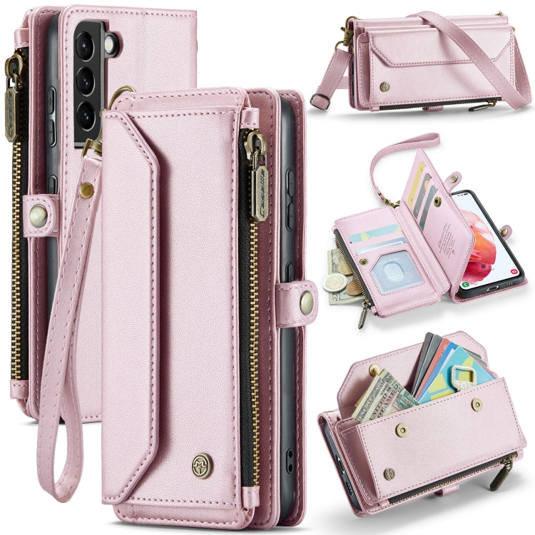 Pour Samsung Galaxy S21 5G Coque en cuir CaseMe C36 avec emplacements pour cartes, portefeuille zippé et protection RFID antivol (rose)