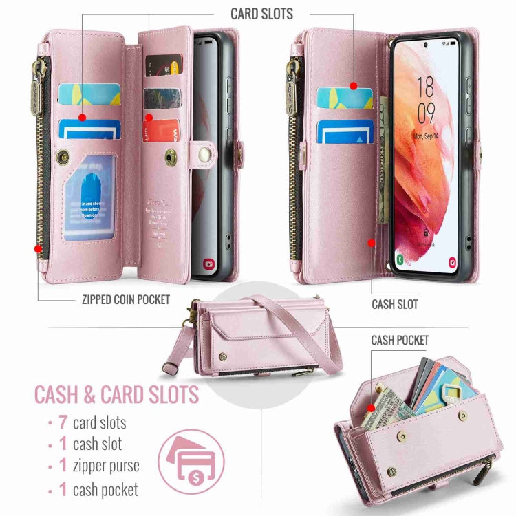 Pour Samsung Galaxy S21 5G Coque en cuir CaseMe C36 avec emplacements pour cartes, portefeuille zippé et protection RFID antivol (rose)