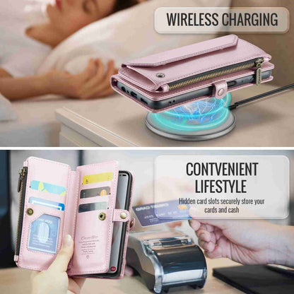 Pour Samsung Galaxy S21 5G Coque en cuir CaseMe C36 avec emplacements pour cartes, portefeuille zippé et protection RFID antivol (rose)