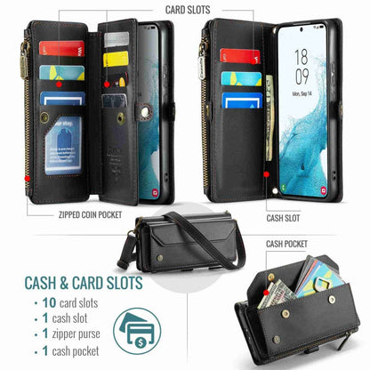 For Samsung Galaxy S22+ 5G CaseMe C36 Card Slots Zipper Wallet RFID Anti-theft Leather Phone Case(Black)
