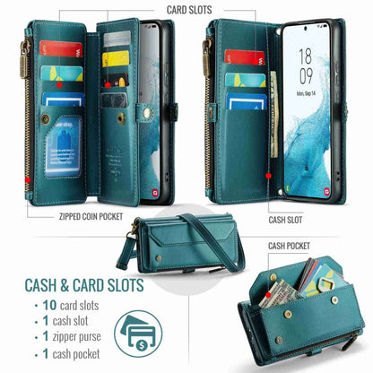 For Samsung Galaxy S22+ 5G CaseMe C36 Card Slots Zipper Wallet RFID Anti-theft Leather Phone Case(Blue-green)