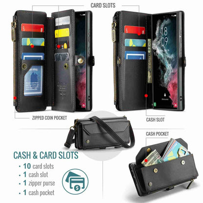 For Samsung Galaxy S22 Ultra 5G CaseMe C36 Card Slots Zipper Wallet RFID Anti-theft Leather Phone Case(Black)